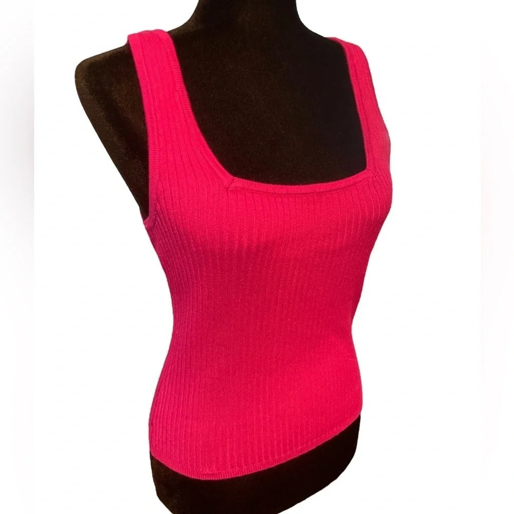 NWT Avec Les Filles Barbie hot pink square neck top Luxe Body Knit size Large